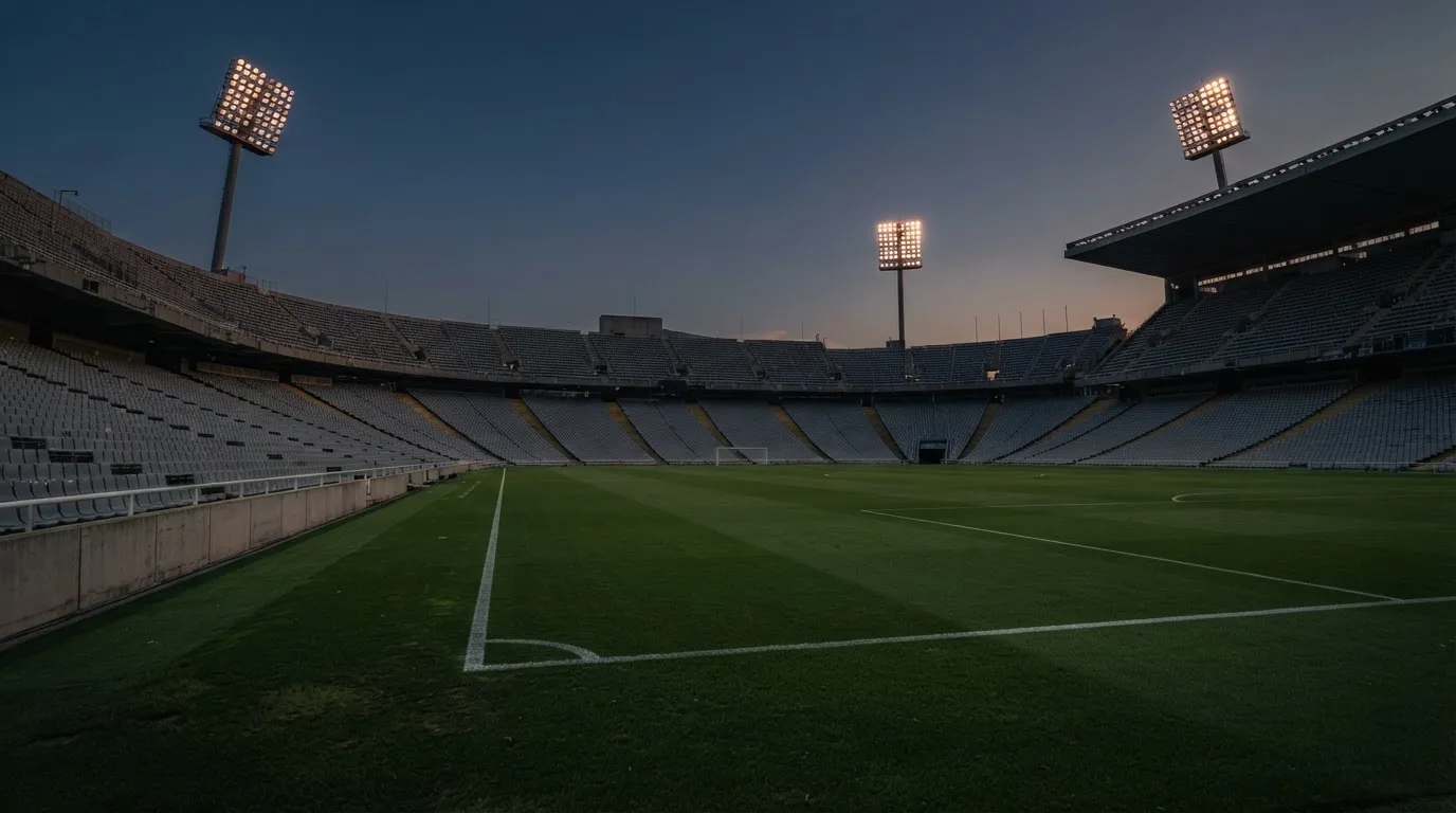 Een leeg voetbalstadion met lichtmasten bij schemering