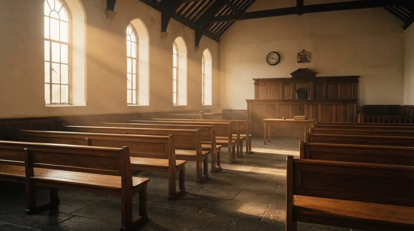 Een lege rechtszaal met houten banken in het ochtendlicht