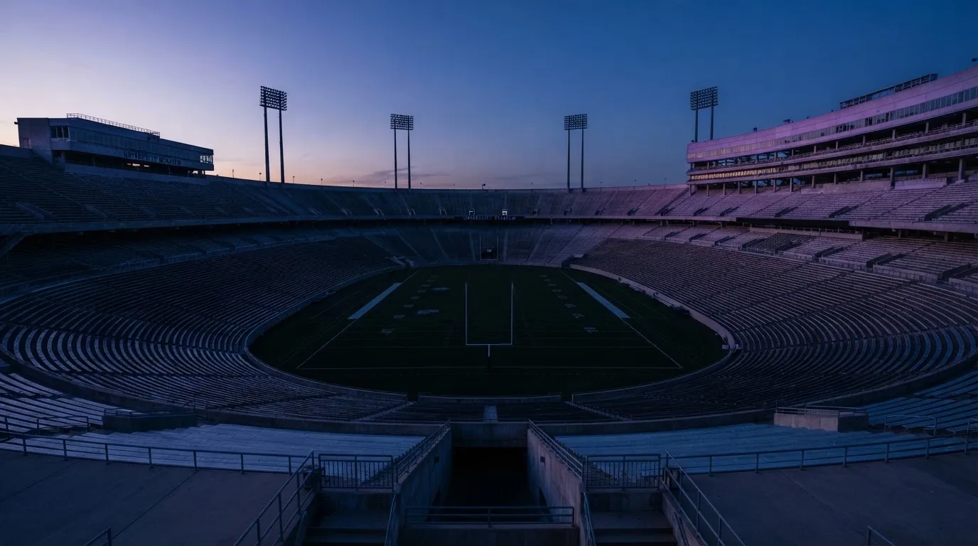 Een leeg voetbalstadion met lichtmasten bij schemering