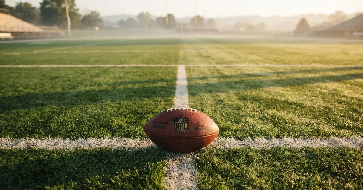 Een voetbal op de middenstip van een grasveld in het ochtendlicht