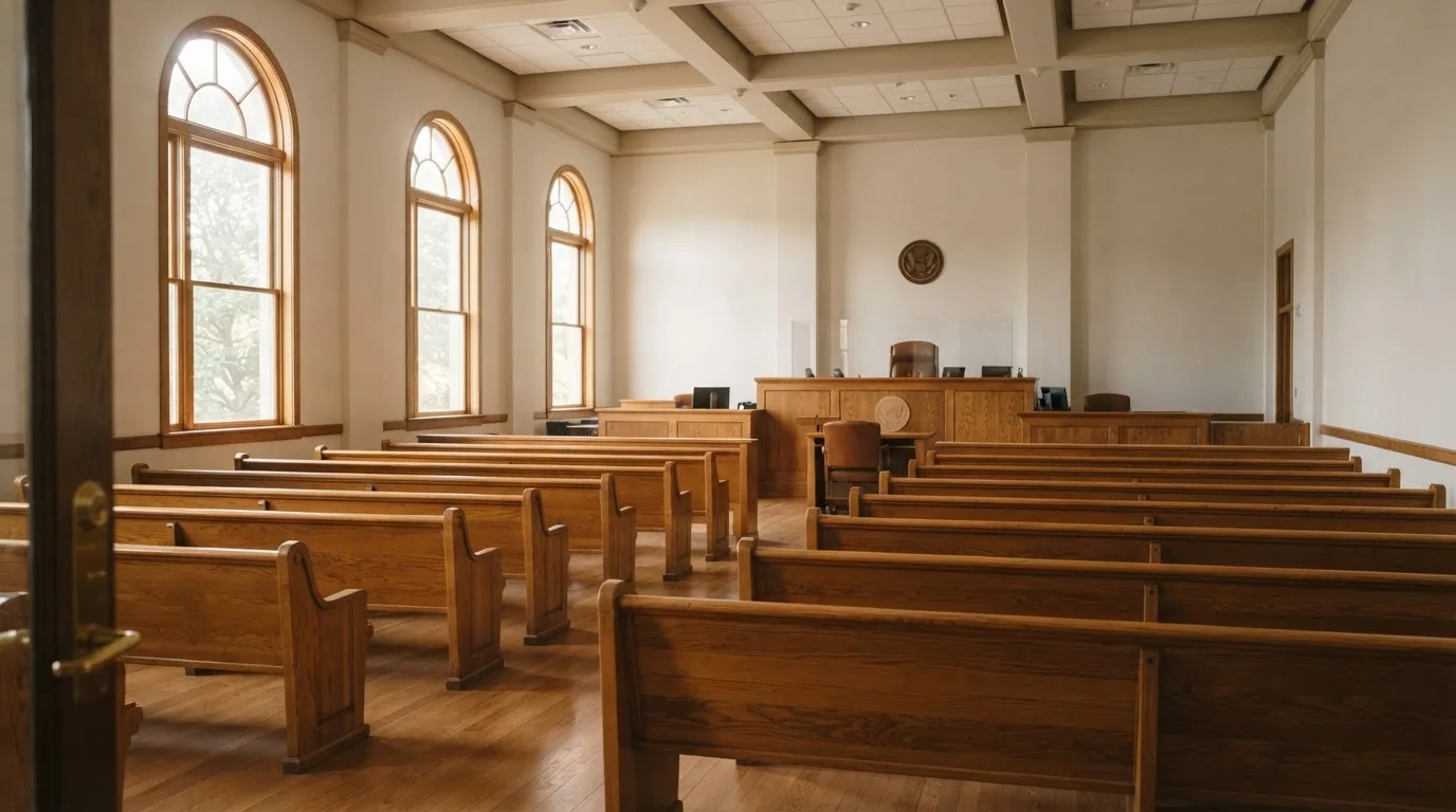 Een lege rechtszaal met houten banken in het ochtendlicht