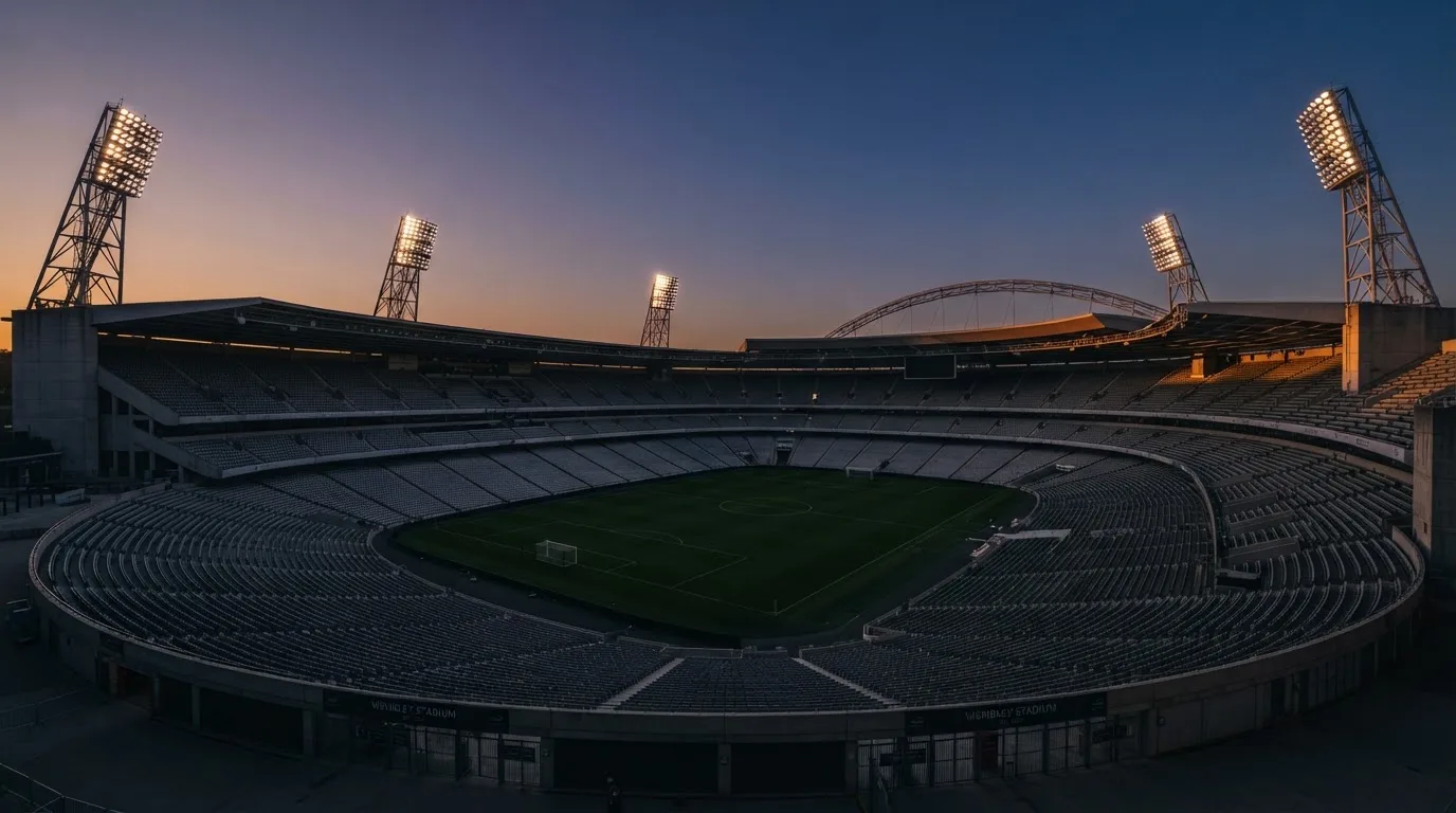 Een leeg voetbalstadion met lichtmasten bij schemering