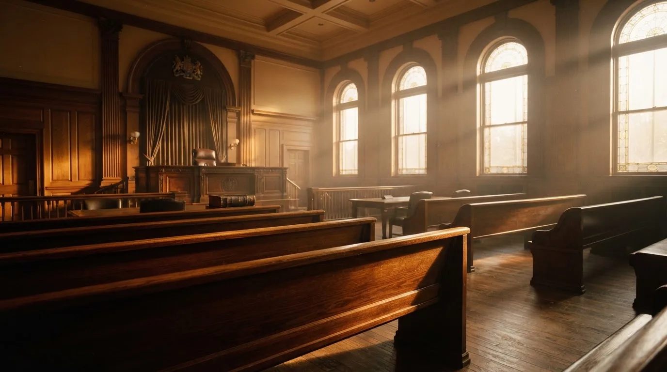 Een lege rechtszaal met houten banken in het ochtendlicht