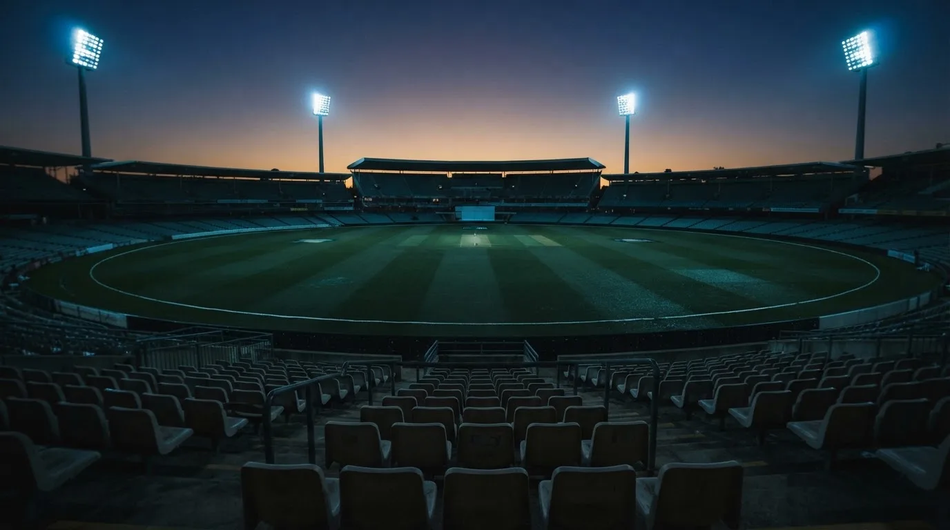 Een leeg voetbalstadion met lichtmasten bij schemering