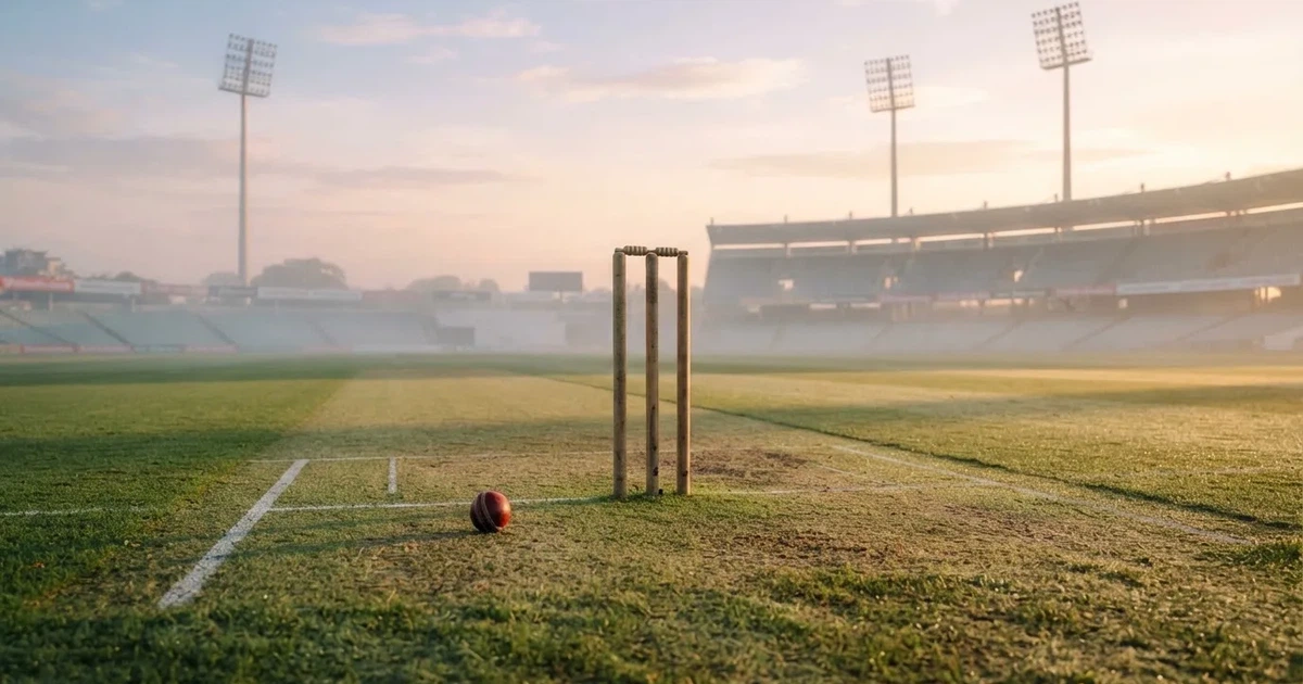 Een voetbal op de middenstip van een grasveld in het ochtendlicht