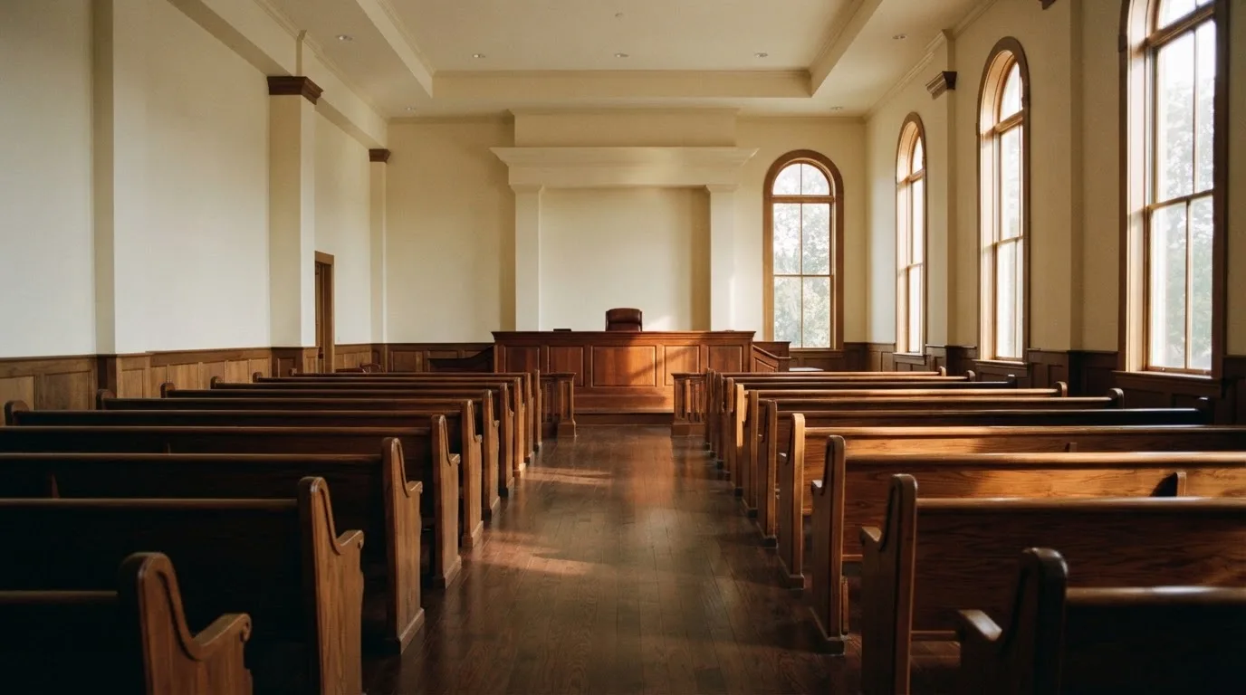 Een lege rechtszaal met houten banken in het ochtendlicht