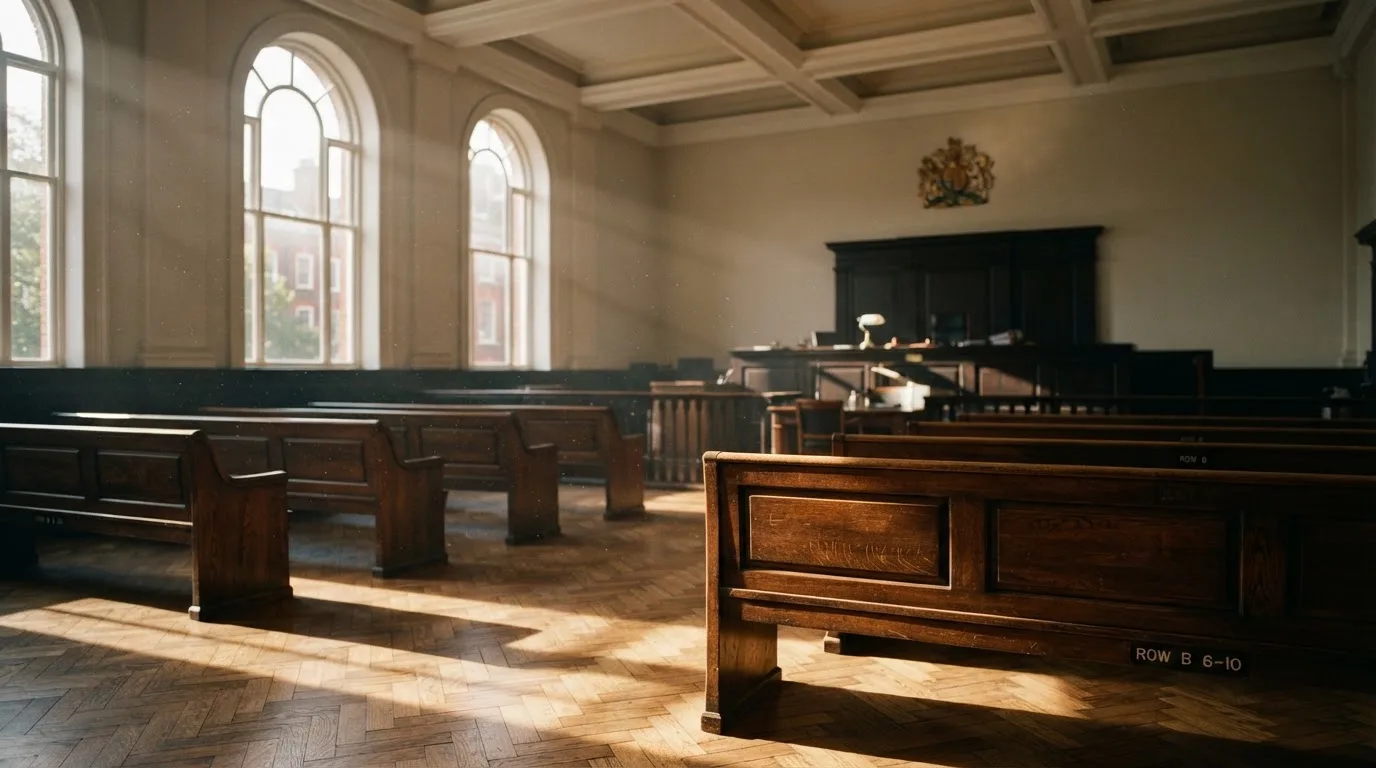 Een lege rechtszaal met houten banken in het ochtendlicht