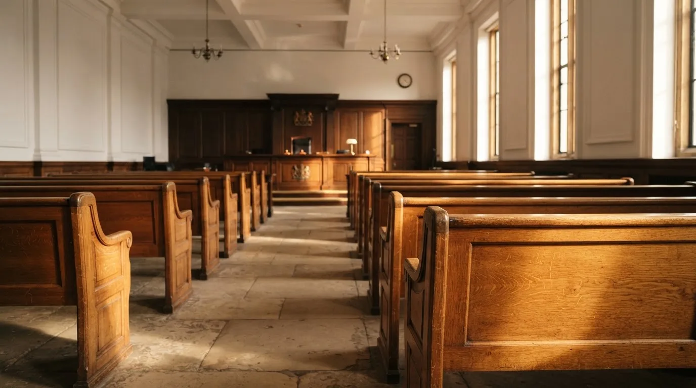 Een lege rechtszaal met houten banken in het ochtendlicht