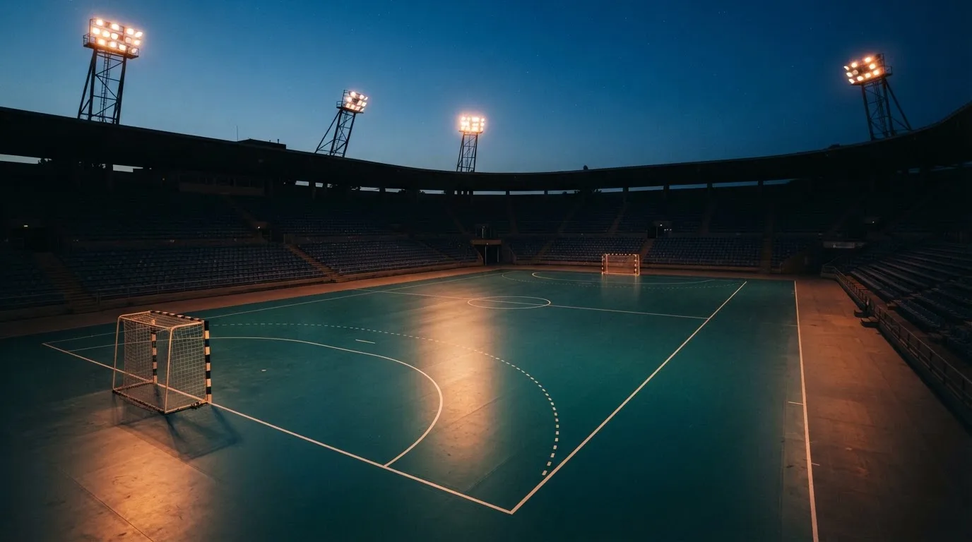 Een leeg voetbalstadion met lichtmasten bij schemering
