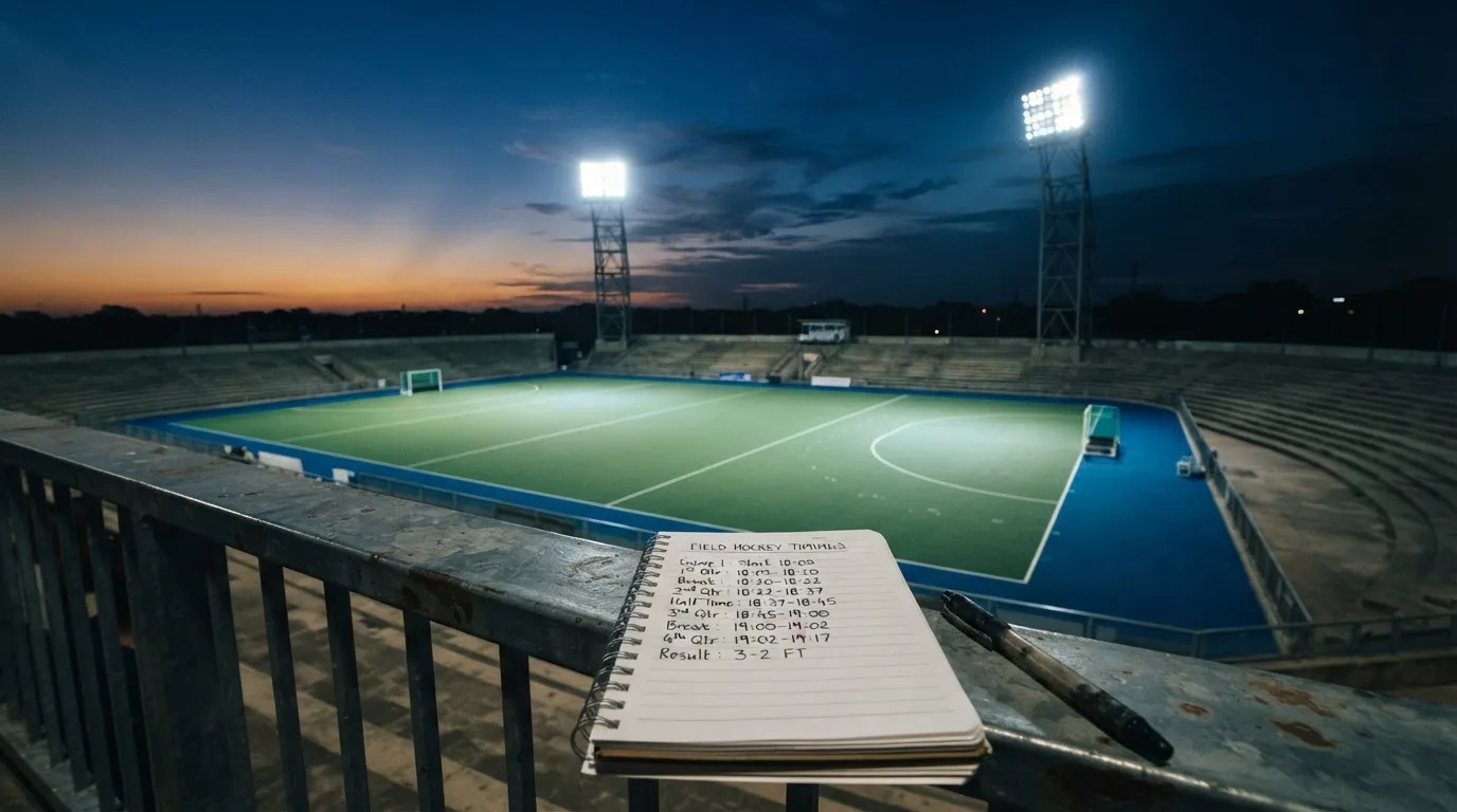 Een leeg voetbalstadion met lichtmasten bij schemering