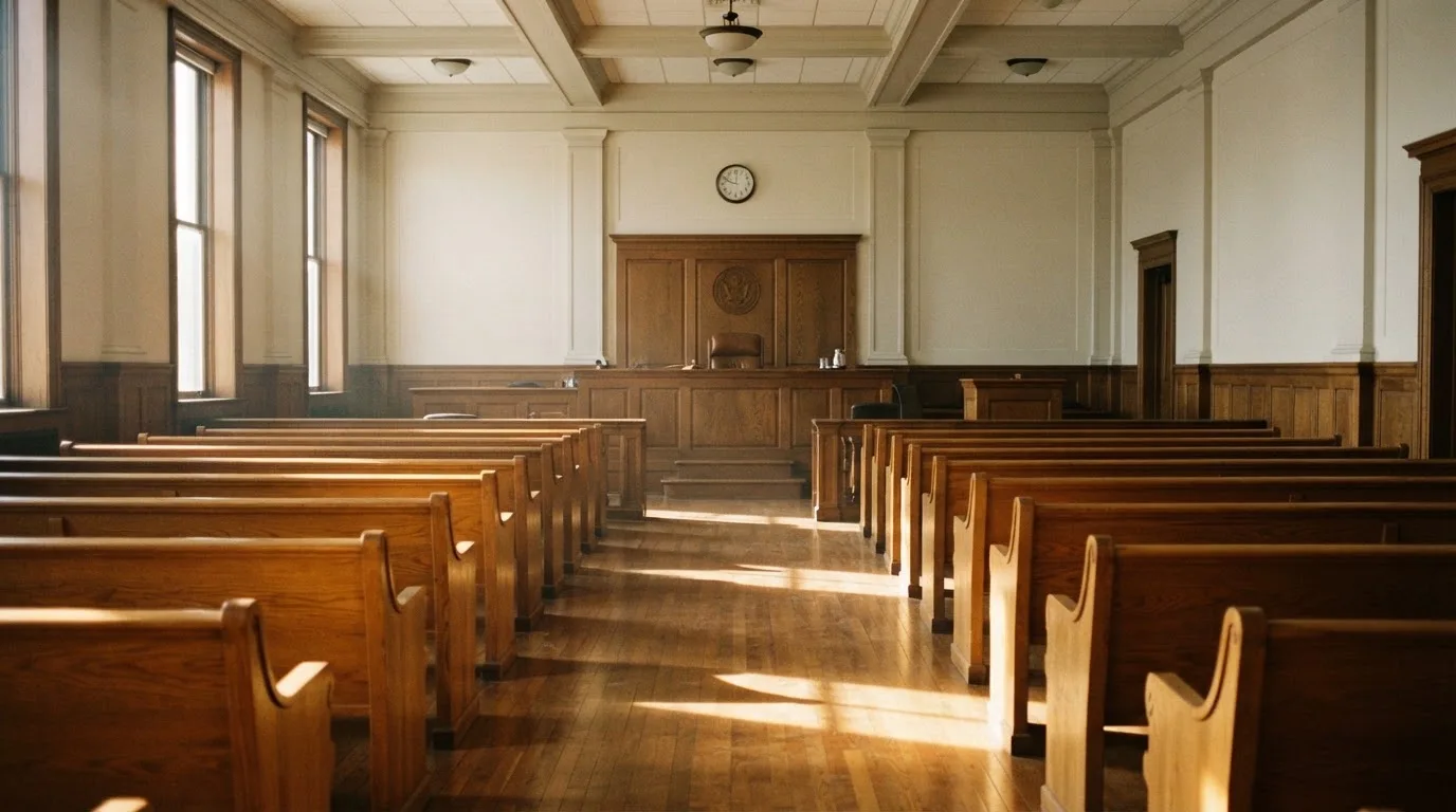 Een lege rechtszaal met houten banken in het ochtendlicht