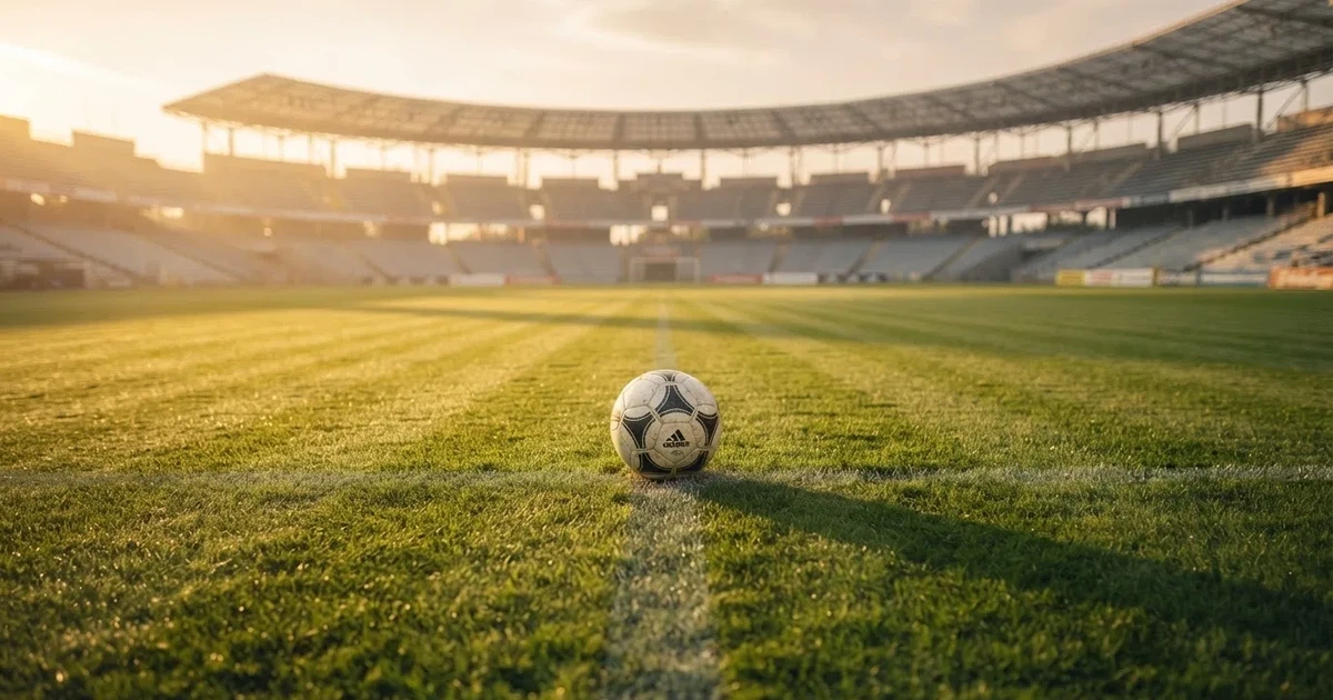 Een voetbal op de middenstip van een grasveld in het ochtendlicht