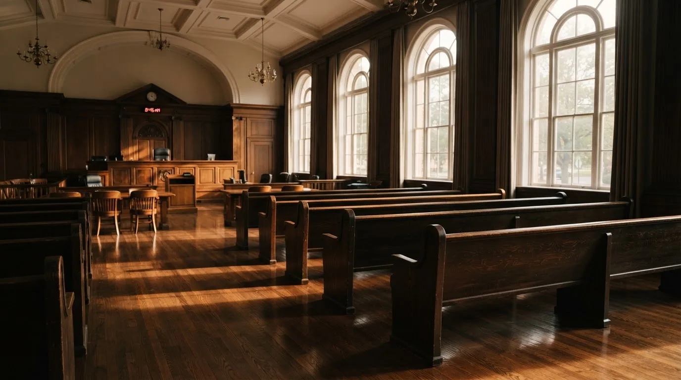 Een lege rechtszaal met houten banken in het ochtendlicht