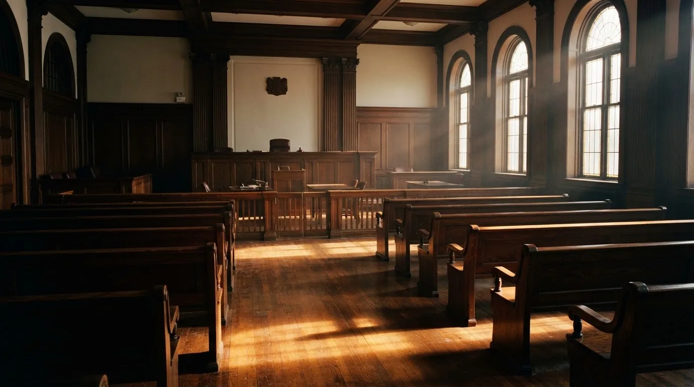 Een lege rechtszaal met houten banken in het ochtendlicht