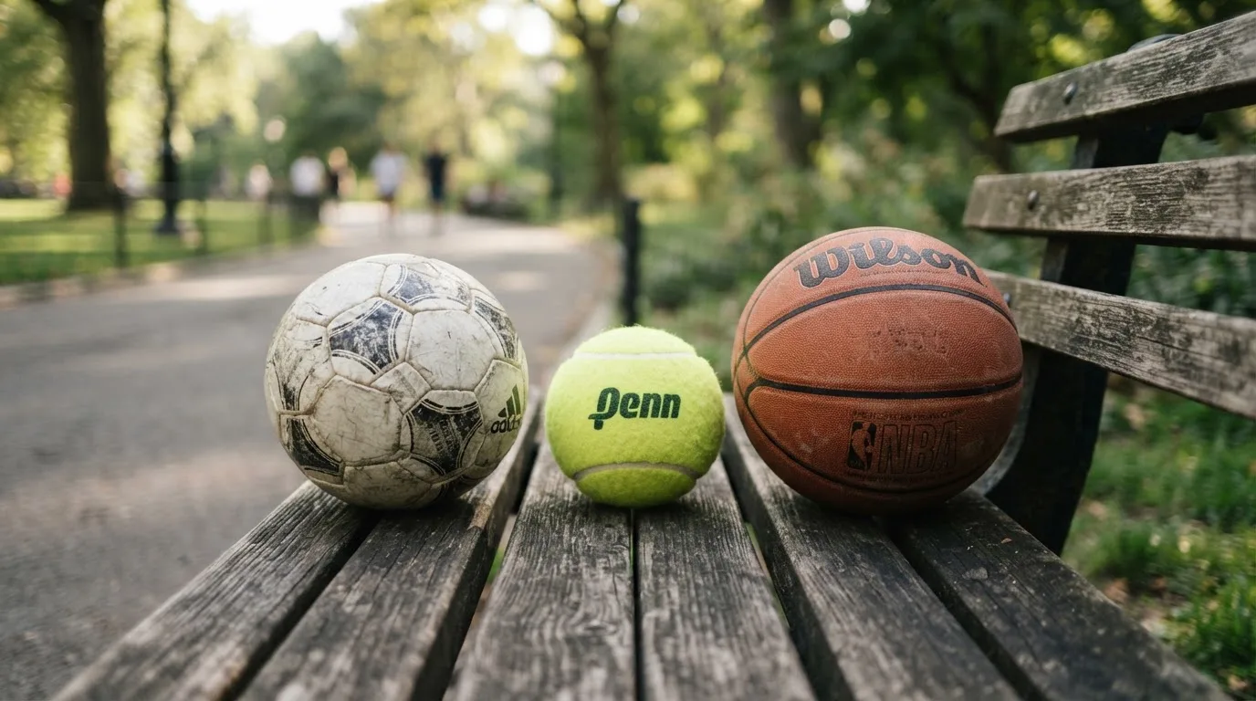 Drie ballen van verschillende soorten naast elkaar op een houten bank