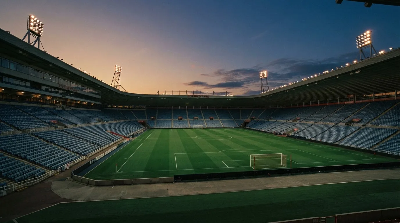 Een leeg voetbalstadion met lichtmasten bij schemering