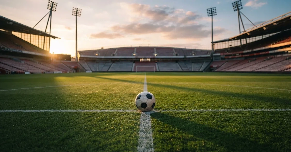 Een voetbal op de middenstip van een grasveld in het ochtendlicht