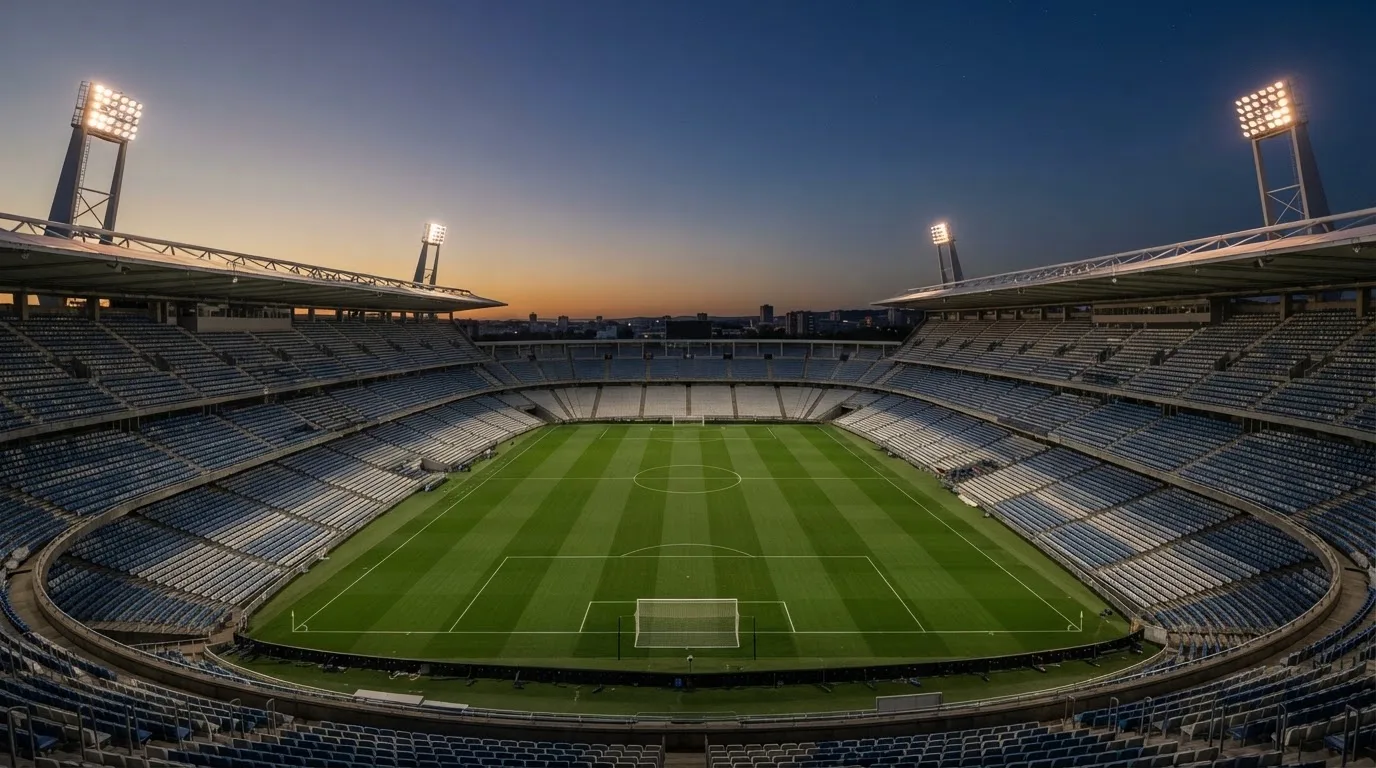 Een leeg voetbalstadion met lichtmasten bij schemering