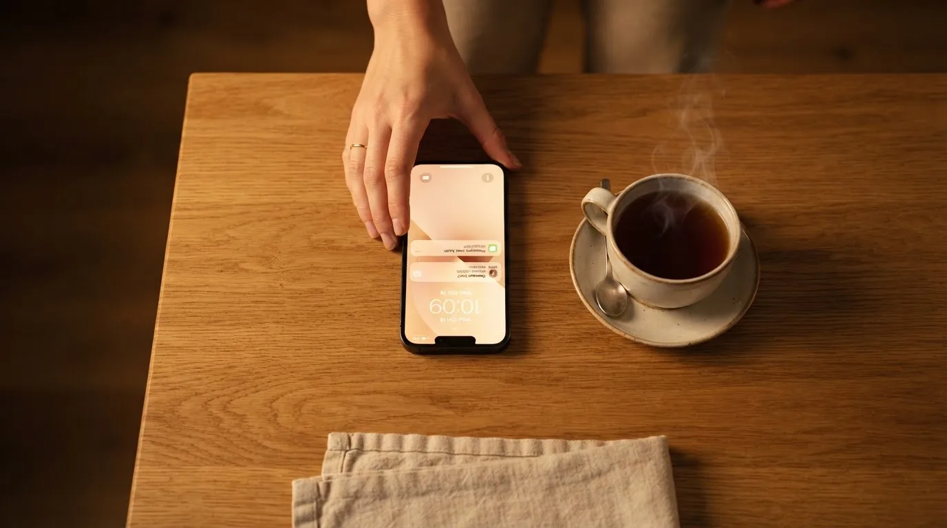Een hand legt een smartphone naast een kopje thee op een keukentafel, een rustige avond