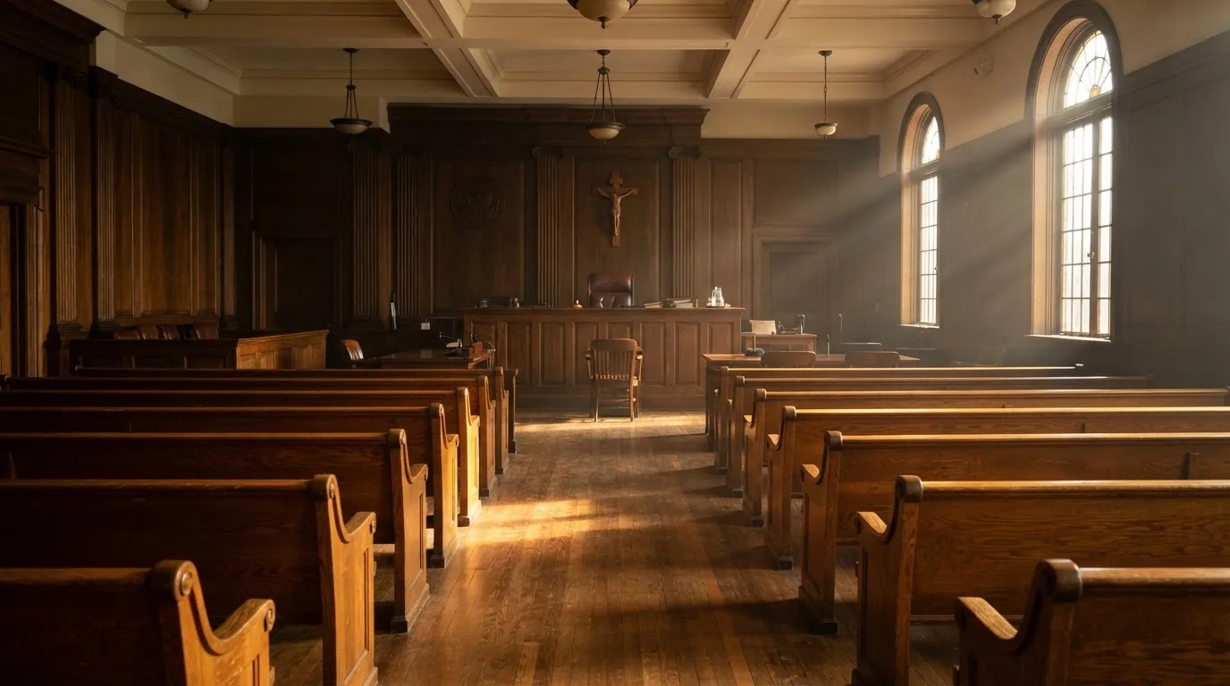 Een lege rechtszaal met houten banken in het ochtendlicht