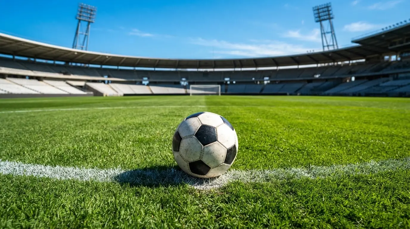 Een voetbal op de middenstip van een grasveld in het ochtendlicht