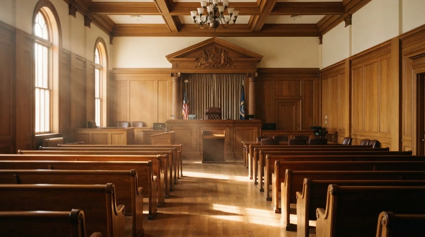 Een lege rechtszaal met houten banken in het ochtendlicht