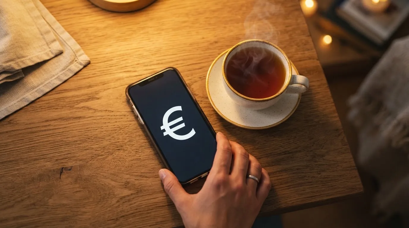 Een hand legt een smartphone naast een kopje thee op een keukentafel, een rustige avond