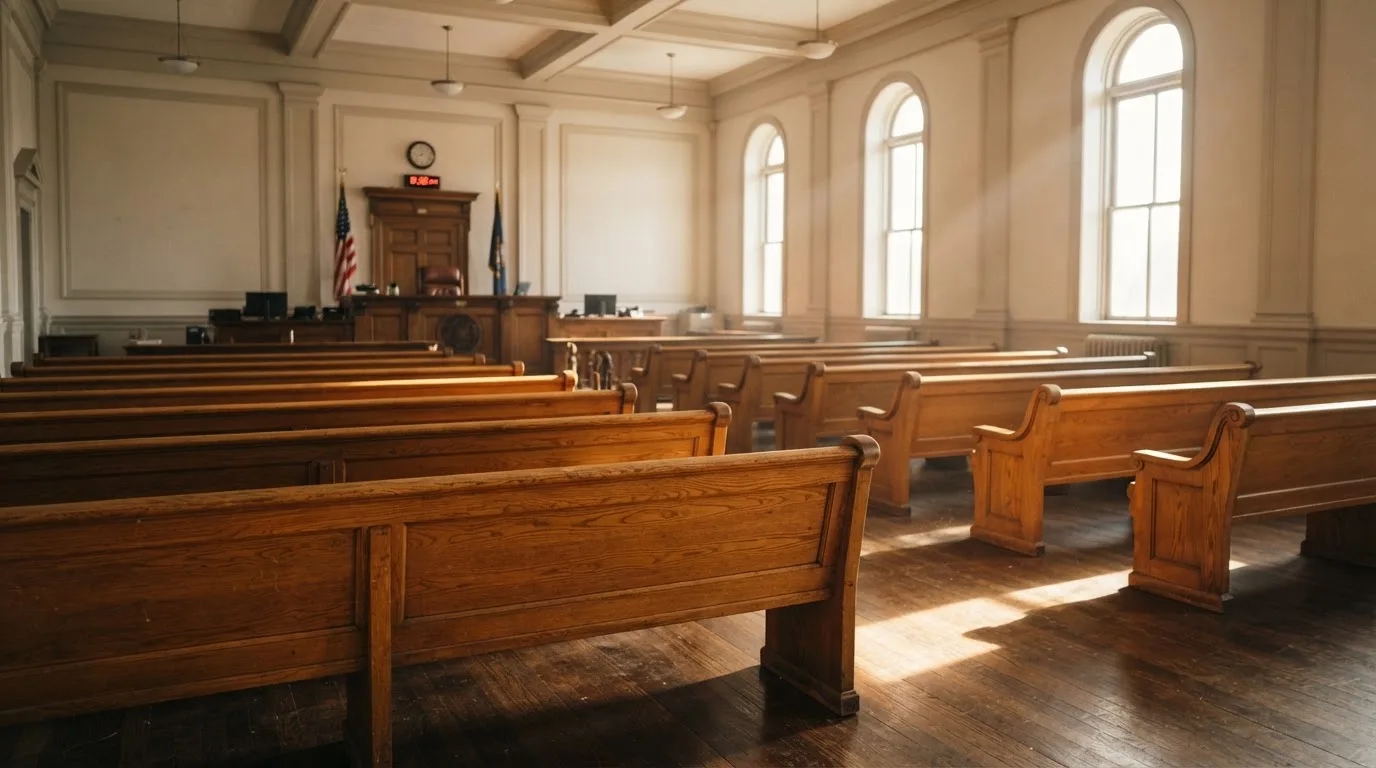 Een lege rechtszaal met houten banken in het ochtendlicht