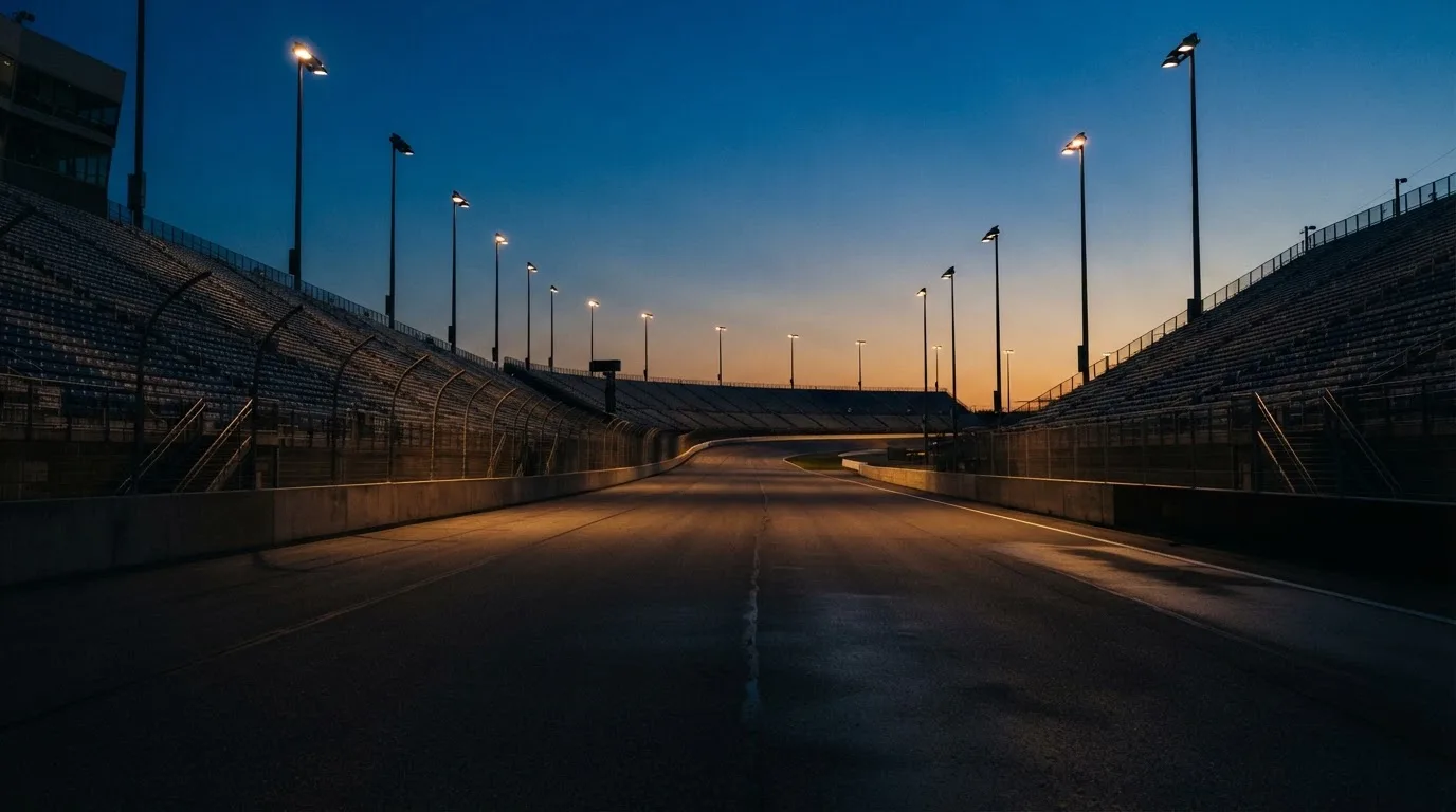 Een leeg voetbalstadion met lichtmasten bij schemering