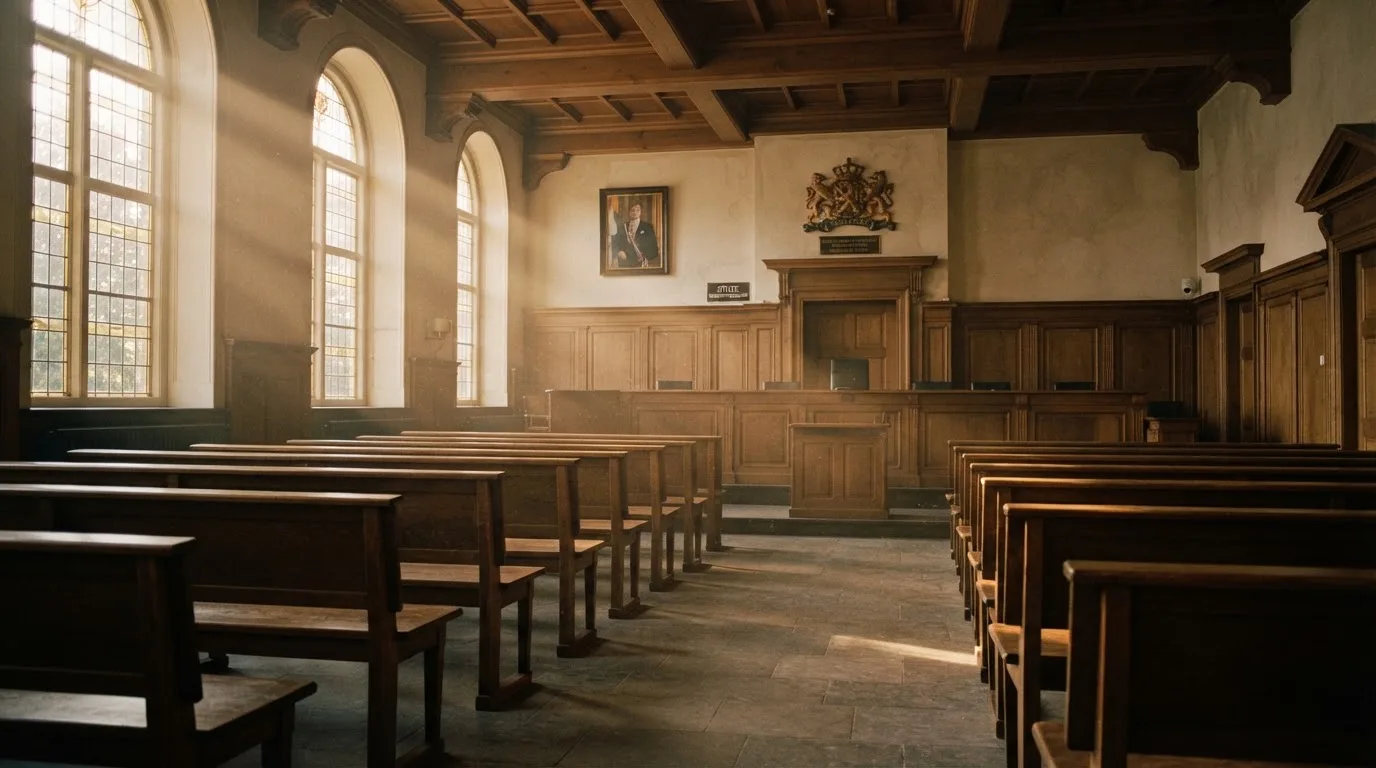 Een lege rechtszaal met houten banken in het ochtendlicht