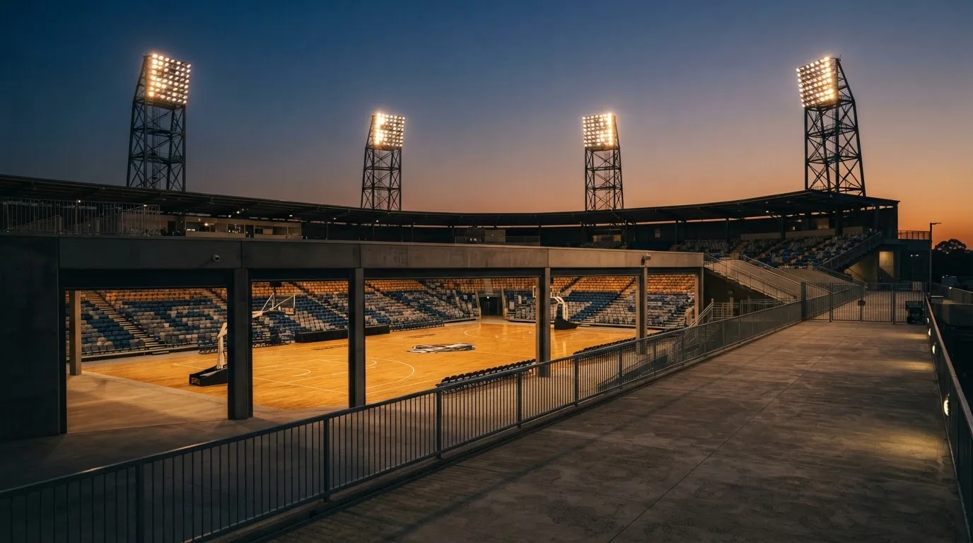Een leeg voetbalstadion met lichtmasten bij schemering