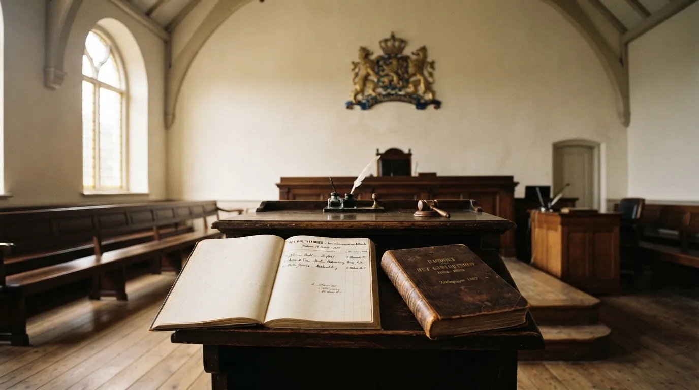 Een lege rechtszaal met houten banken in het ochtendlicht