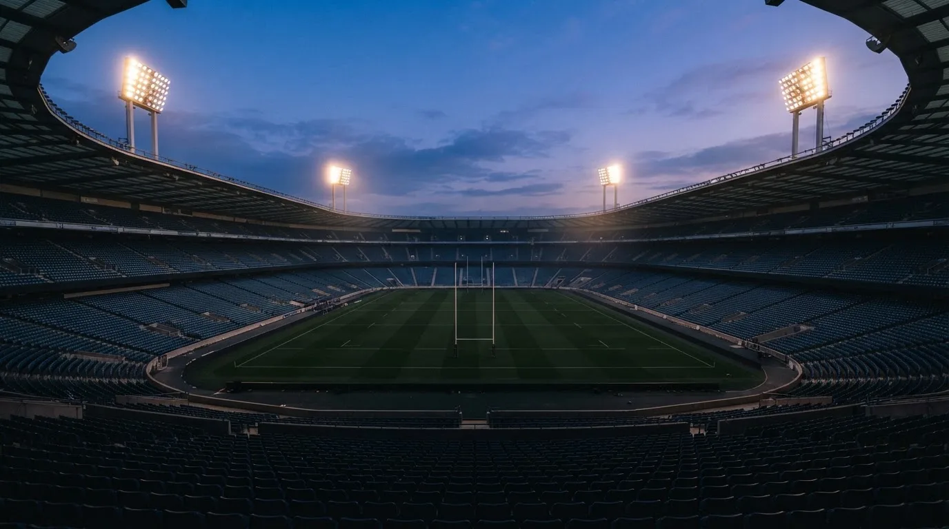 Een leeg voetbalstadion met lichtmasten bij schemering