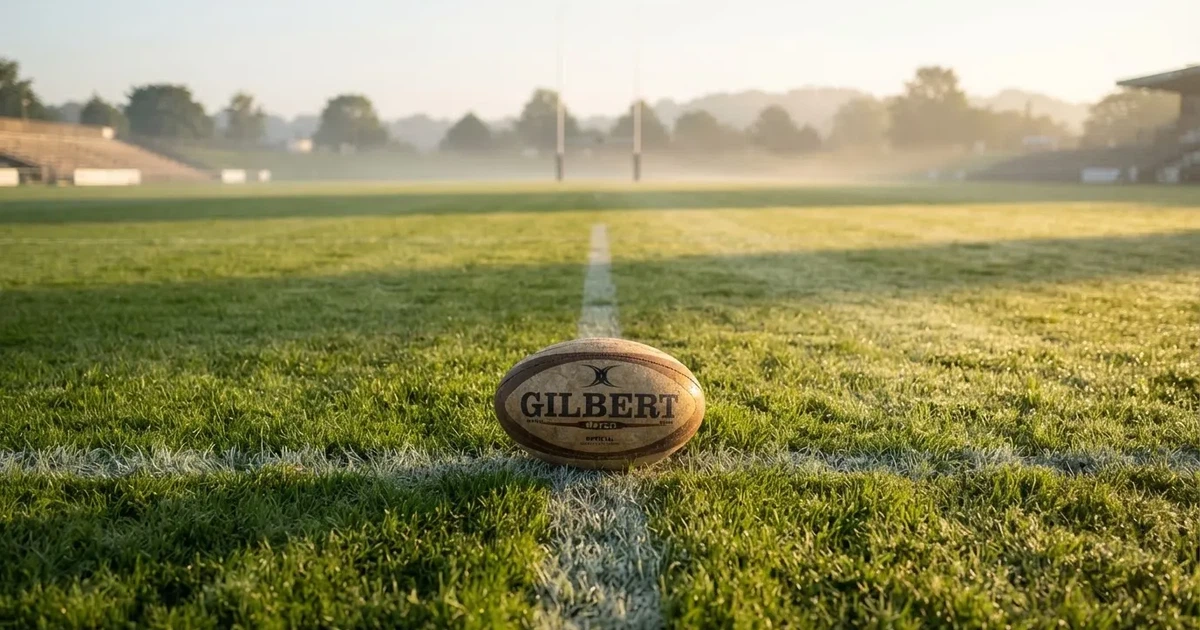 Een voetbal op de middenstip van een grasveld in het ochtendlicht