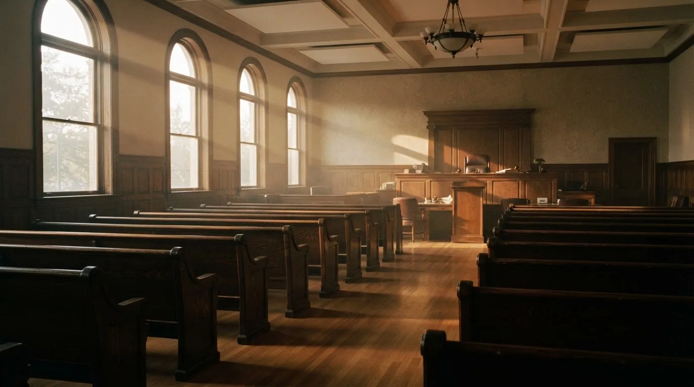 Een lege rechtszaal met houten banken in het ochtendlicht
