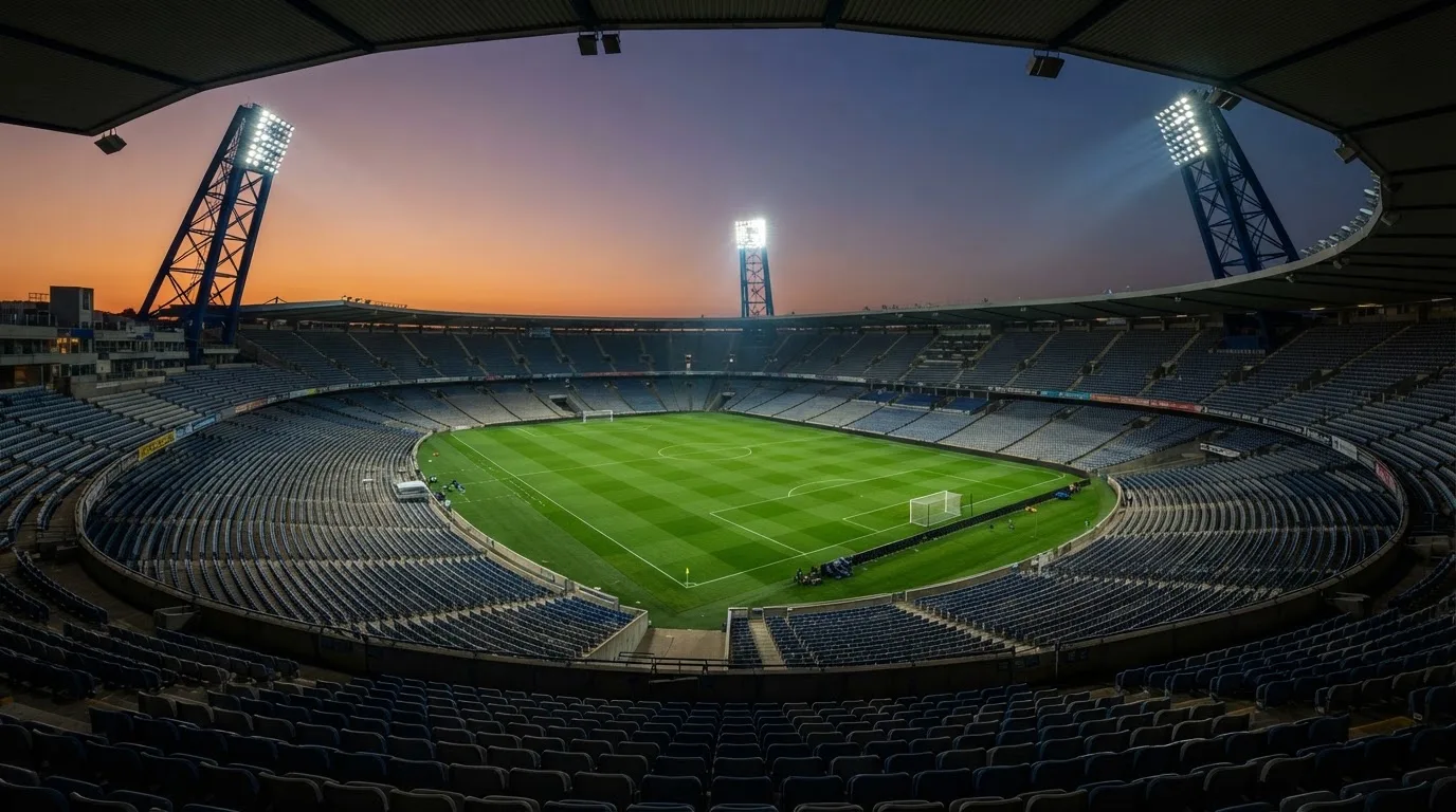 Een leeg voetbalstadion met lichtmasten bij schemering