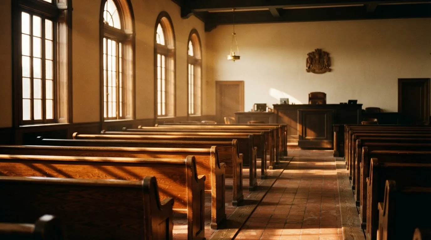 Een lege rechtszaal met houten banken in het ochtendlicht