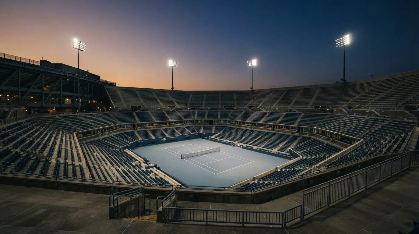Een leeg voetbalstadion met lichtmasten bij schemering
