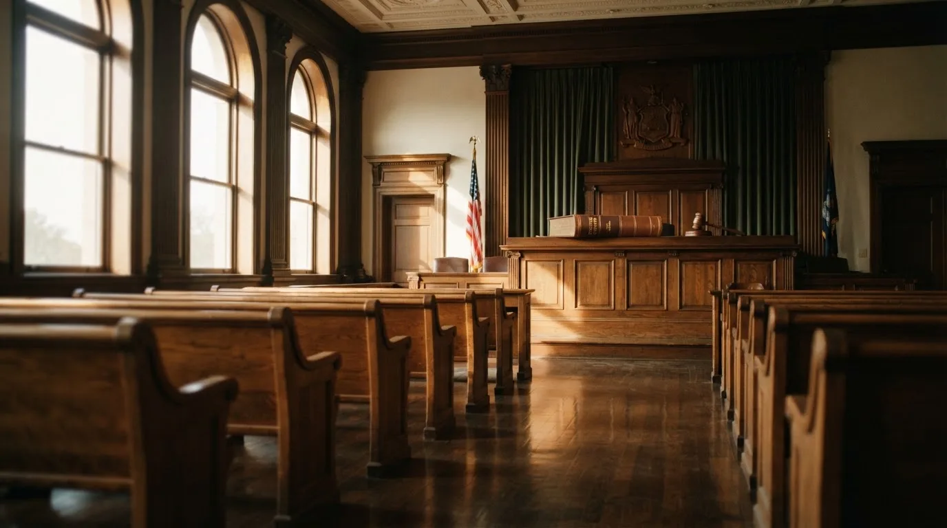 Een lege rechtszaal met houten banken in het ochtendlicht