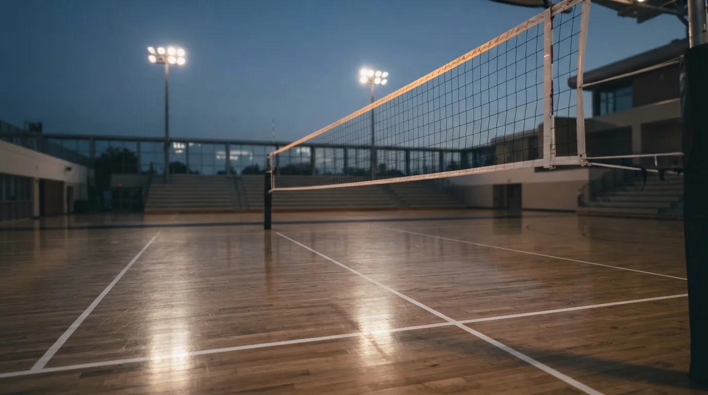 Een leeg voetbalstadion met lichtmasten bij schemering