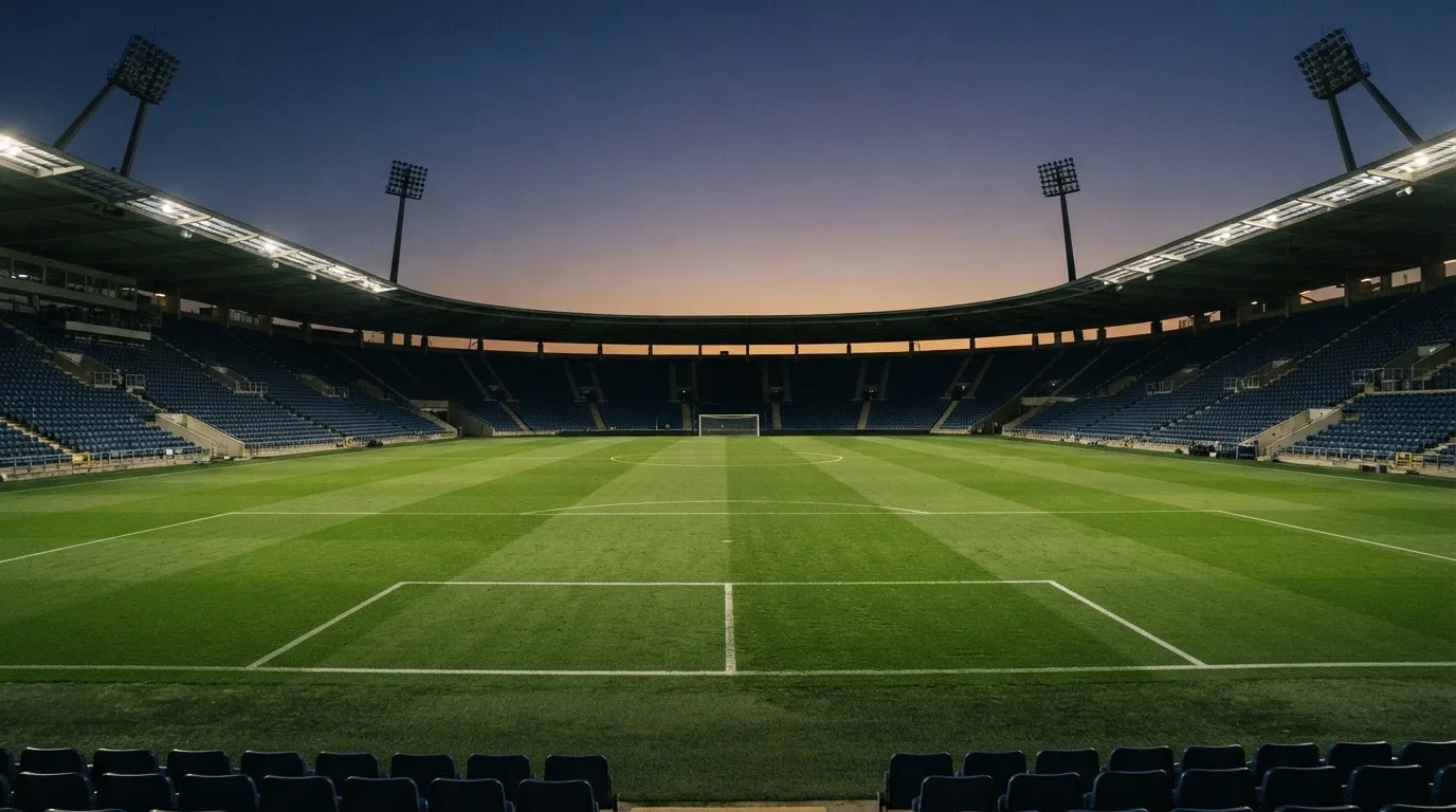 Een leeg voetbalstadion met lichtmasten bij schemering