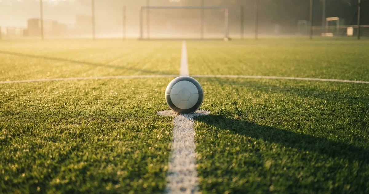 Een voetbal op de middenstip van een grasveld in het ochtendlicht