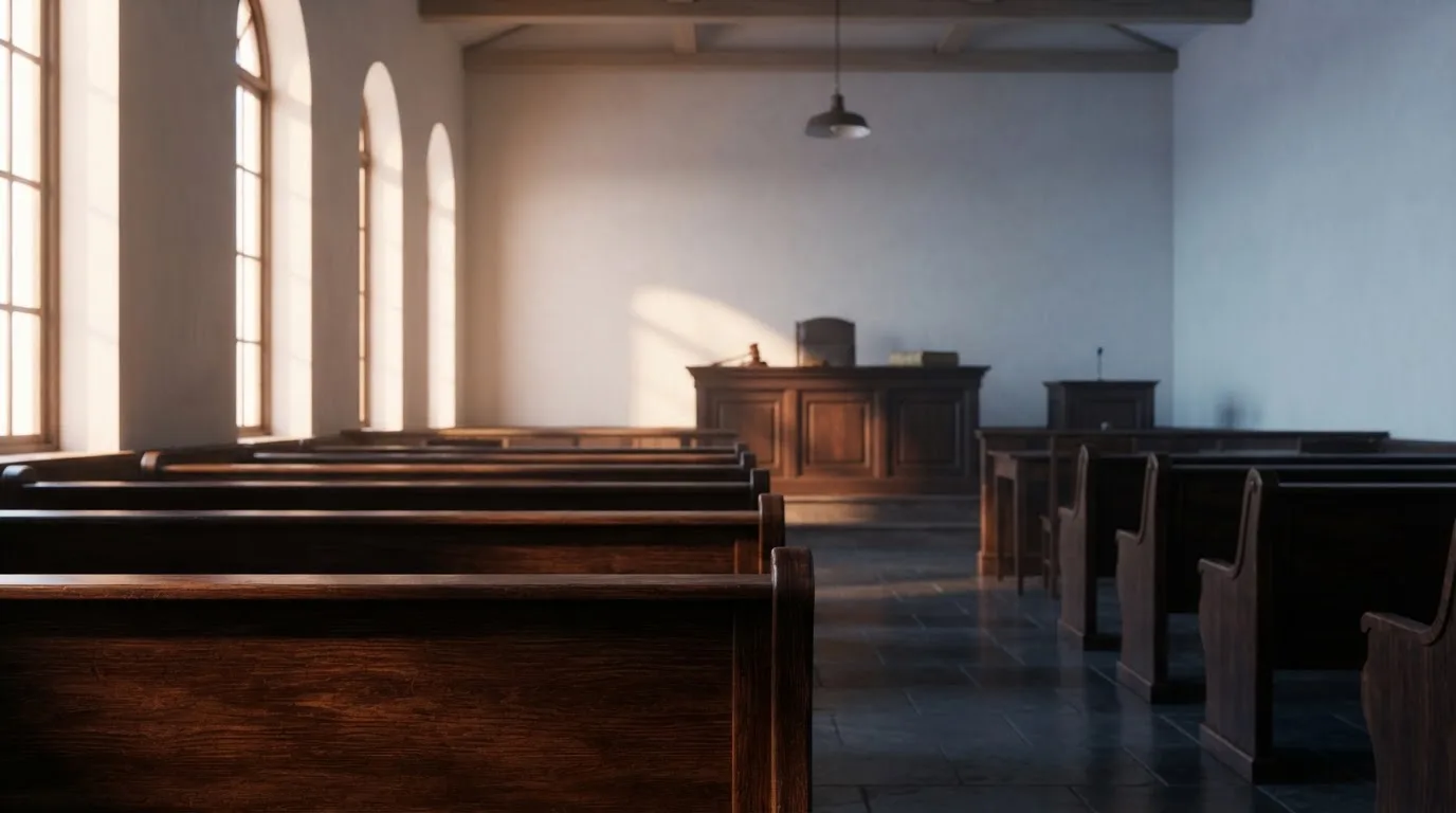 Een lege rechtszaal met houten banken in het ochtendlicht