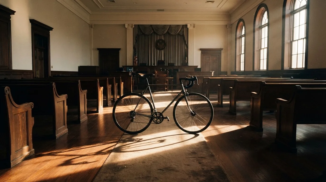 Een lege rechtszaal met houten banken in het ochtendlicht