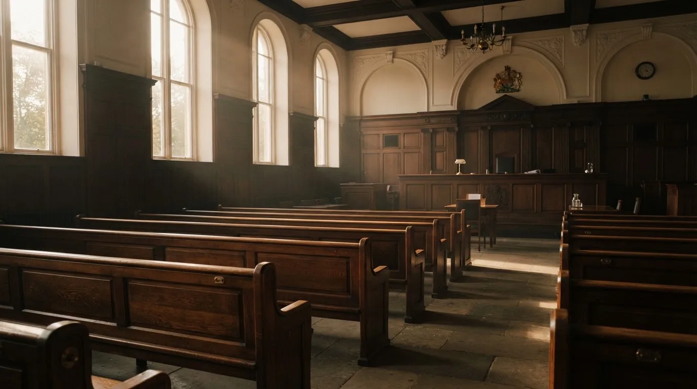 Een lege rechtszaal met houten banken in het ochtendlicht