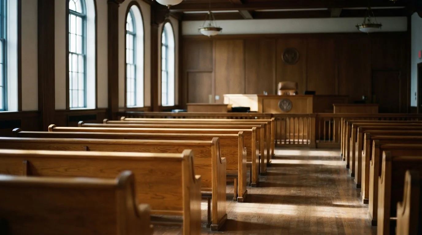 Een lege rechtszaal met houten banken in het ochtendlicht