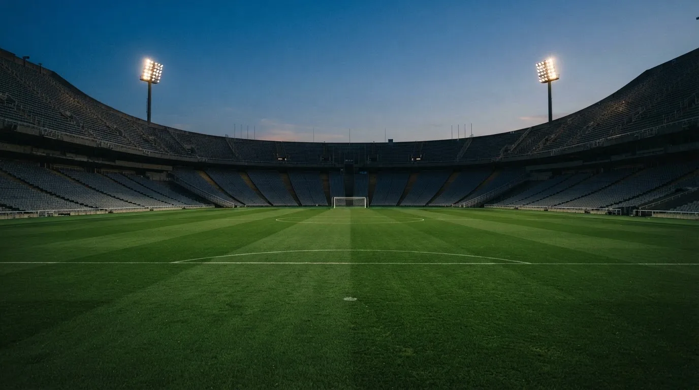Een leeg voetbalstadion met lichtmasten bij schemering