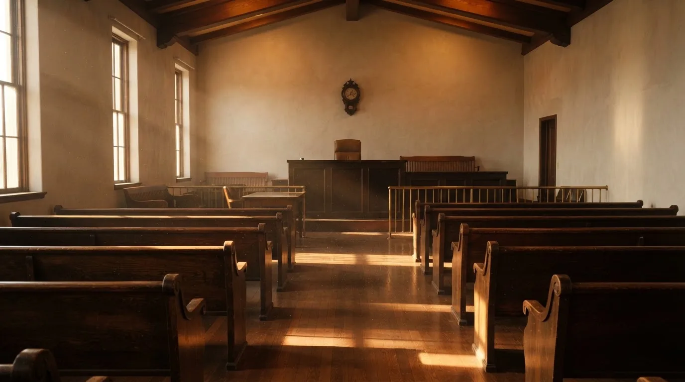 Een lege rechtszaal met houten banken in het ochtendlicht