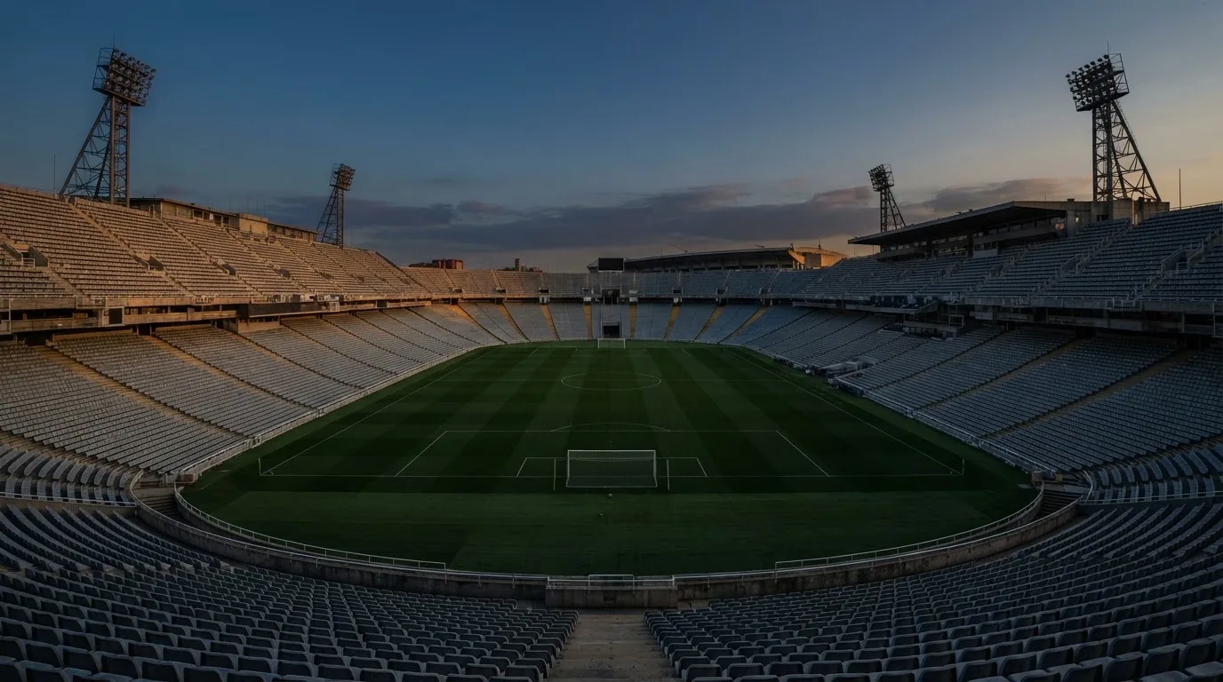 Een leeg voetbalstadion met lichtmasten bij schemering