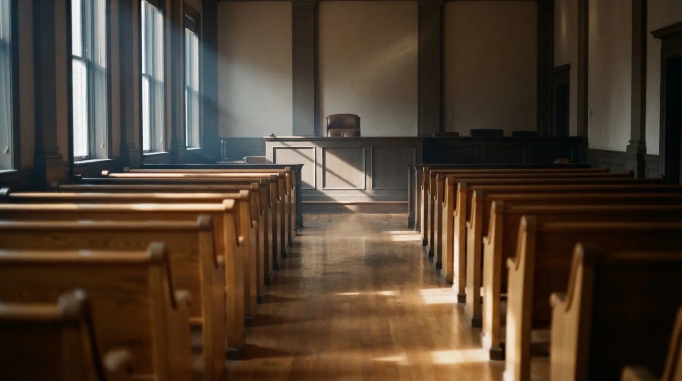 Een lege rechtszaal met houten banken in het ochtendlicht